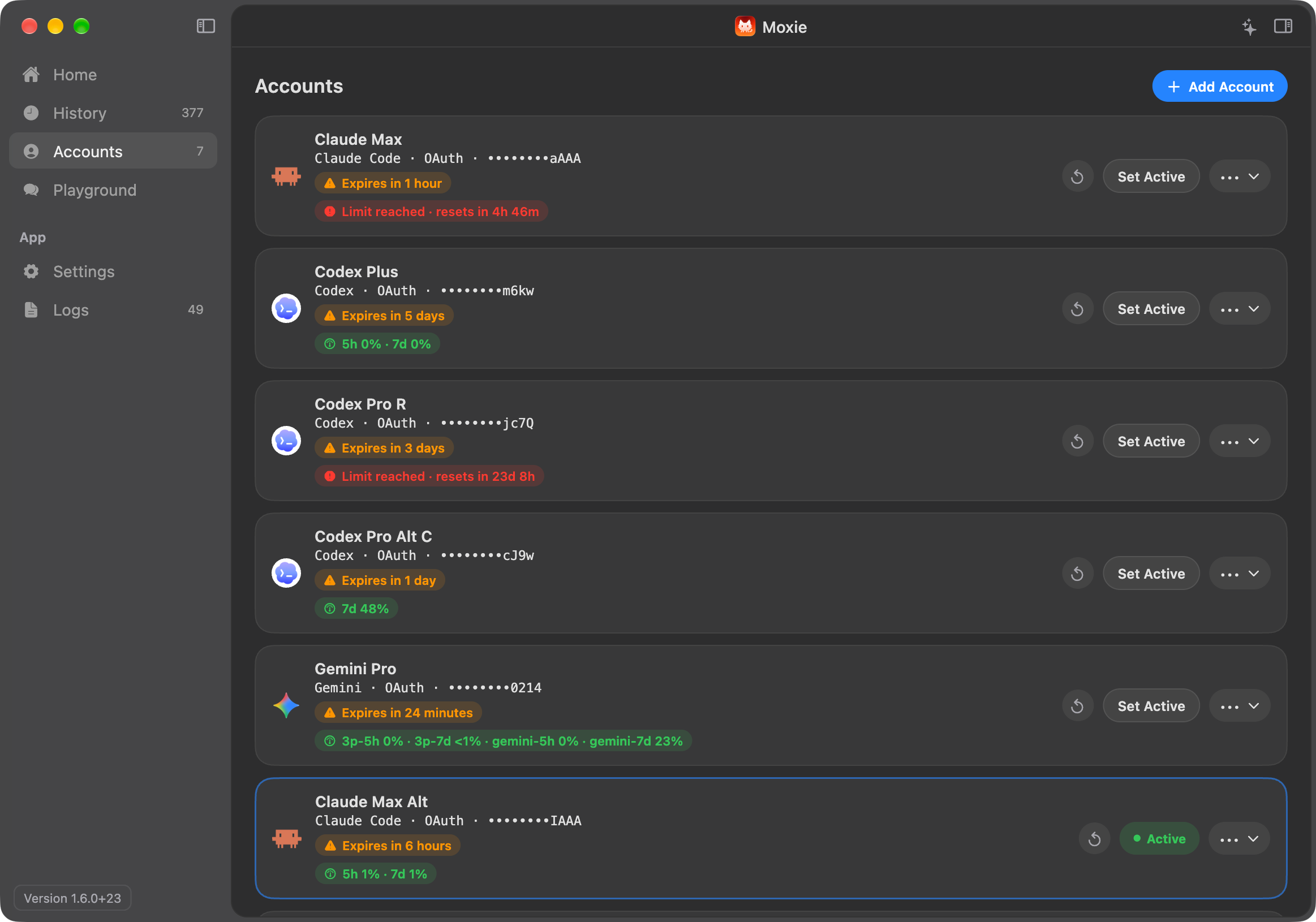 Screenshot of Moxie's Accounts screen
