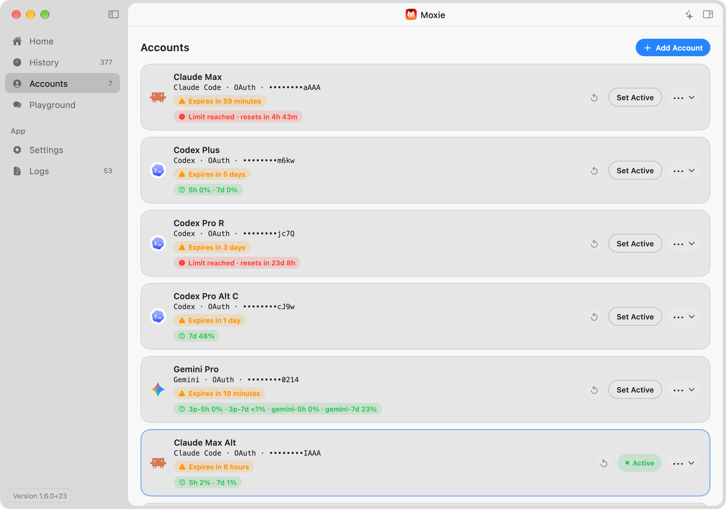 Screenshot of Moxie's Accounts screen