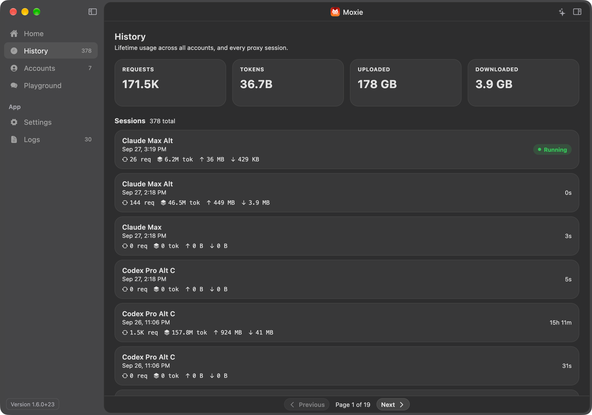 Screenshot of Moxie's History screen