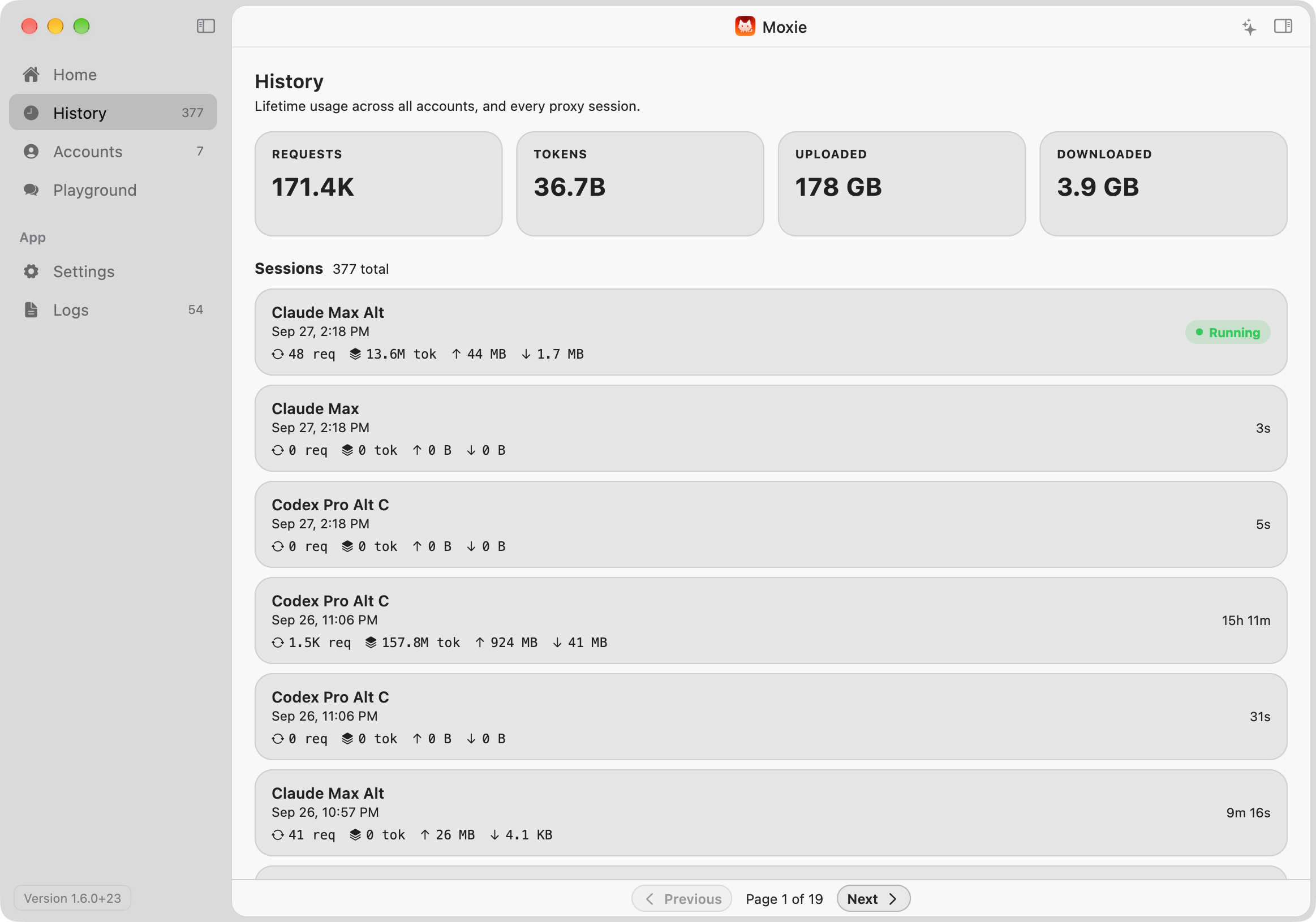 Screenshot of Moxie's History screen