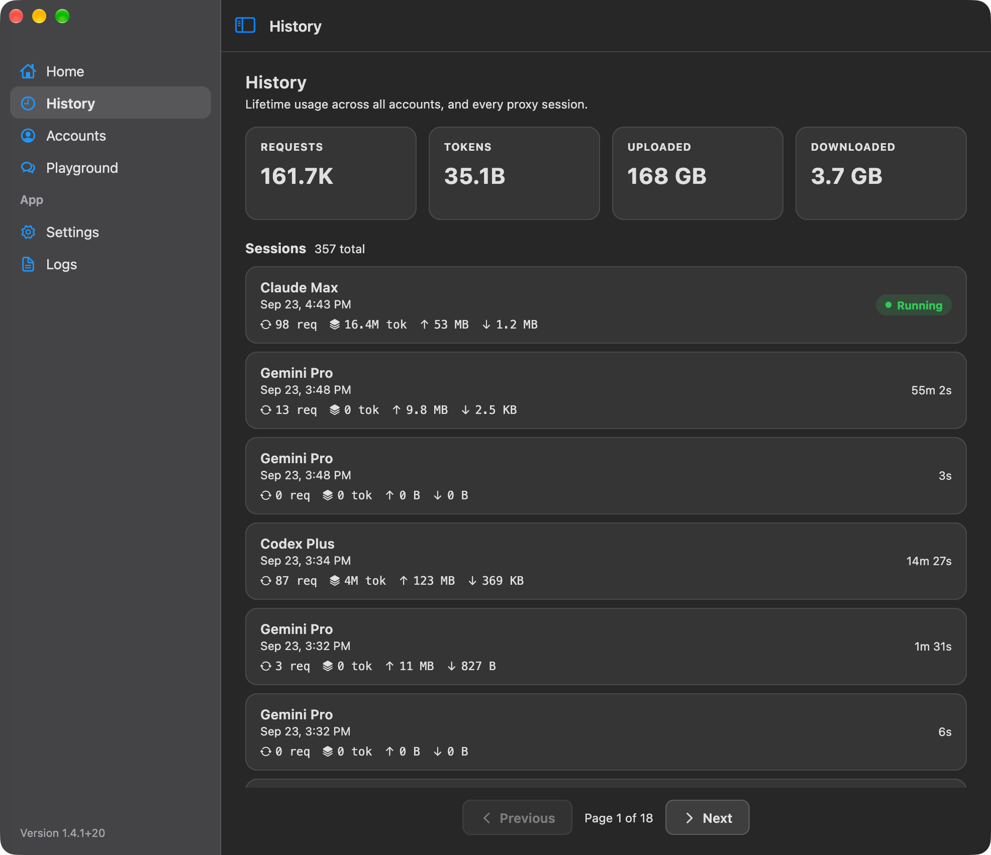 Screenshot of Moxie's History screen