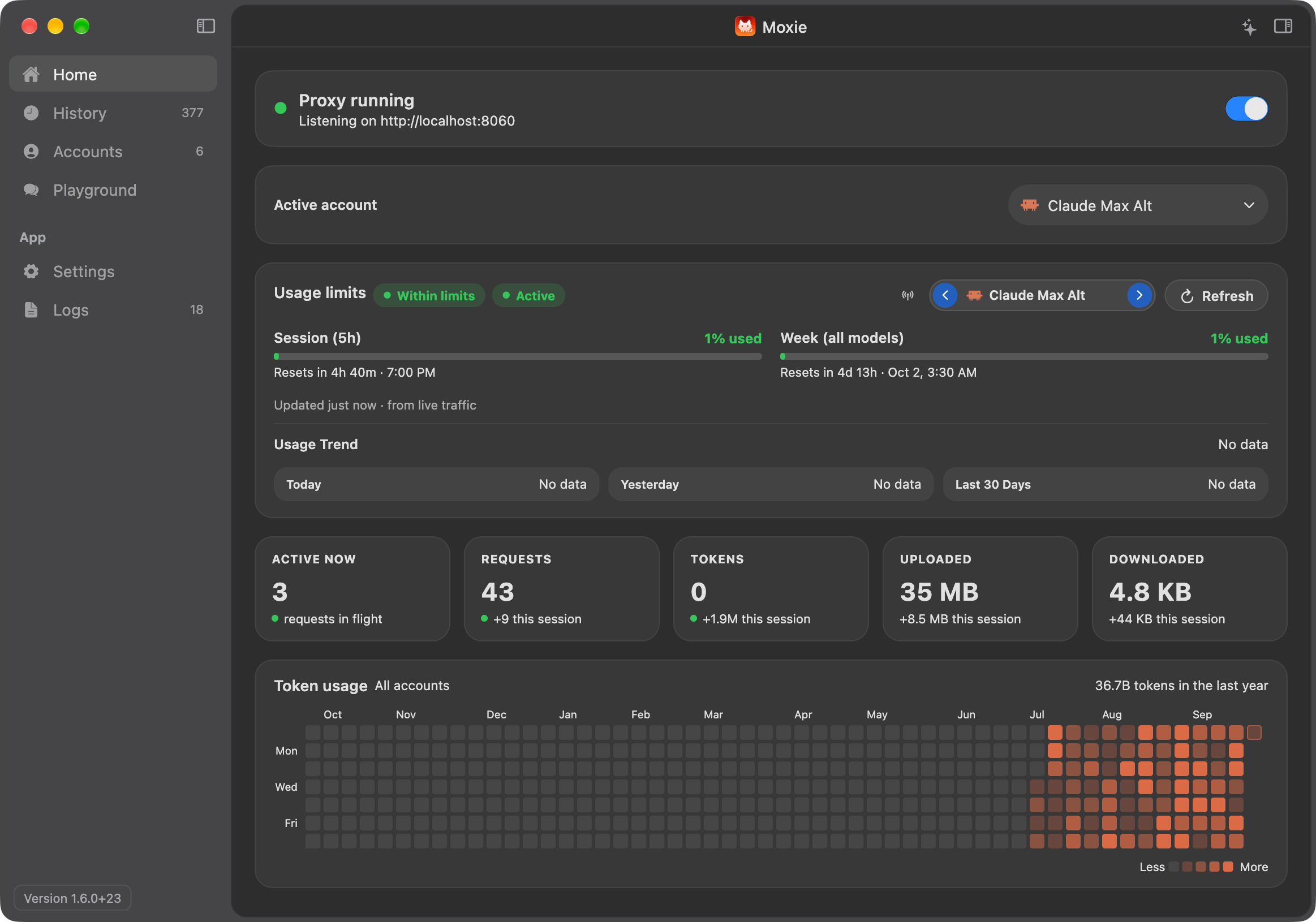 Screenshot of Moxie's Home screen