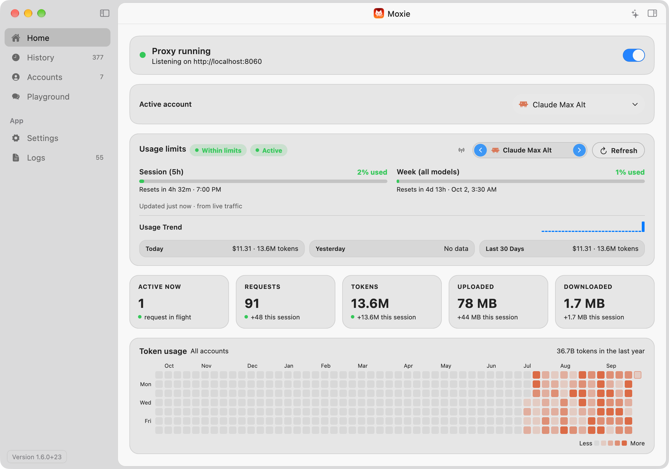 Screenshot of Moxie's Home screen