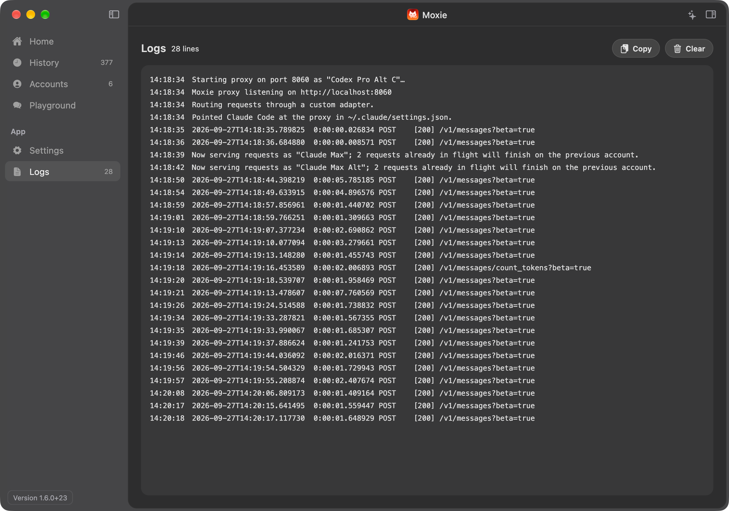Screenshot of Moxie's Logs screen