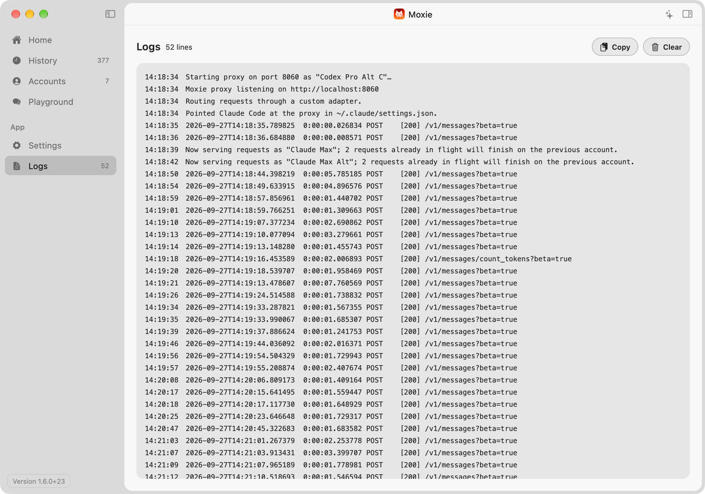 Screenshot of Moxie's Logs screen