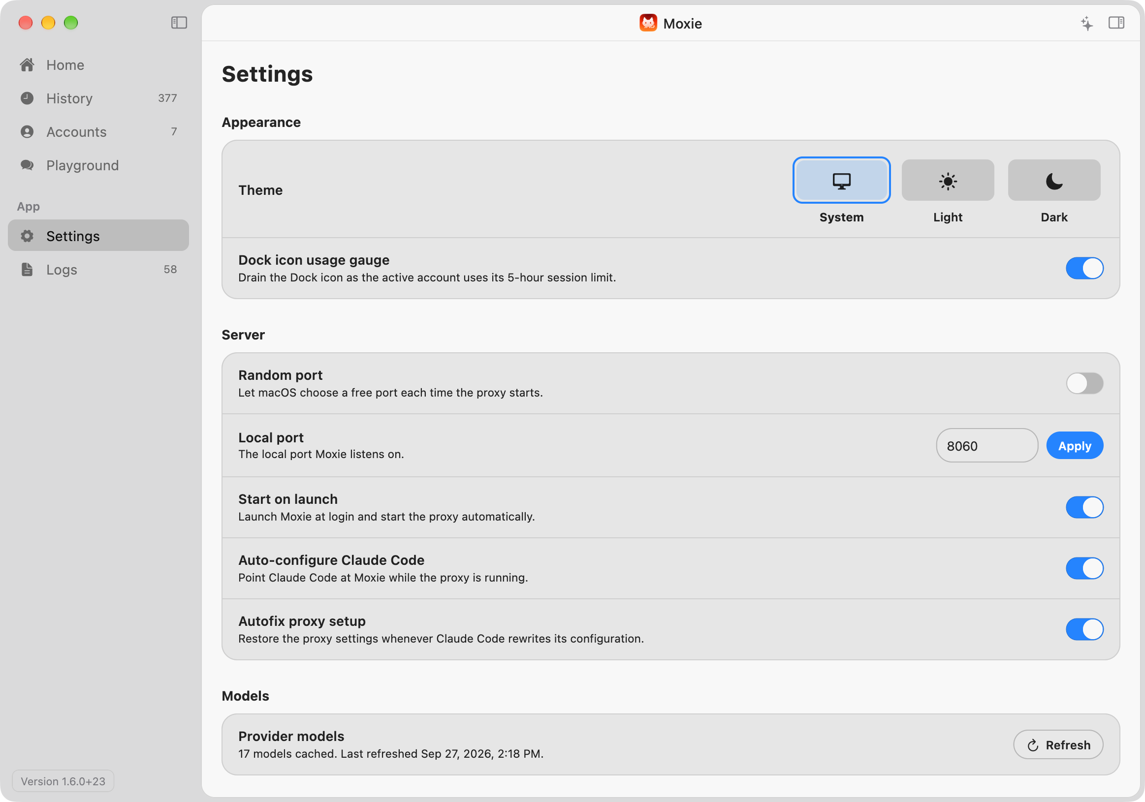 Screenshot of Moxie's Settings screen
